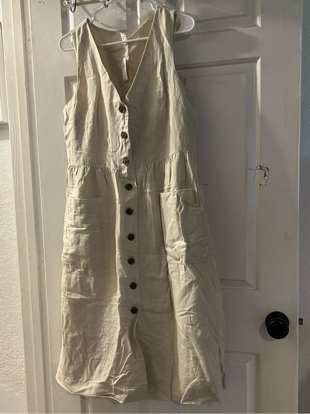 GAP Cream Button-Front Midi Linen Dress